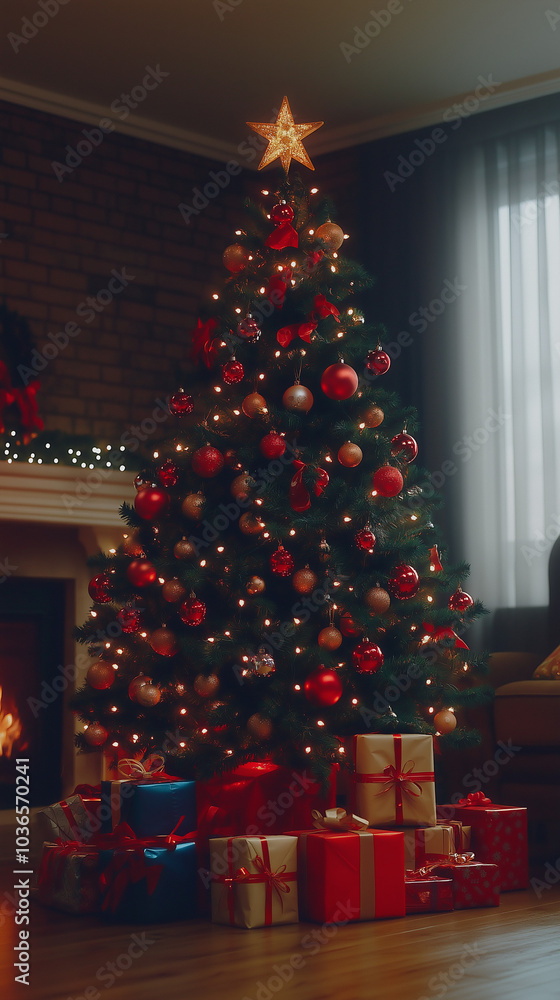 Beautifully Decorated Christmas Tree with Red and Gold Ornaments, Twinkling Lights, and Cozy Fireplace in a Festive Living Room Beautifully Decorated Christmas Tree with Red and Gold Ornaments, Twinkling Lights, and Cozy Fireplace in a Festive Living Room