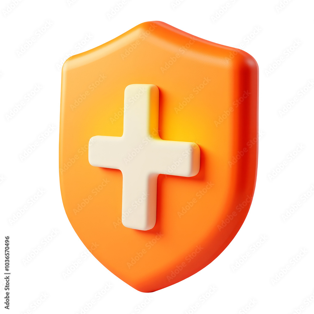 orange shield first aid cross 3d render icon isolated on transparent background cutout