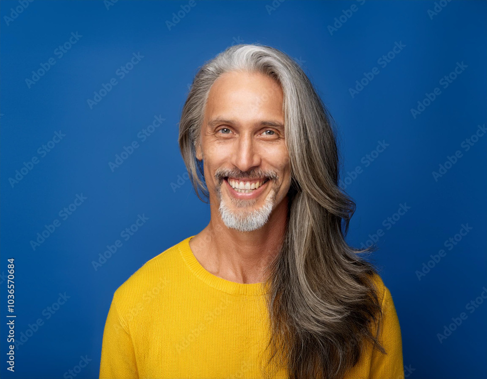 Portrait of Mature Handsome Man Happily Smiling Against Blue Studio Background Portrait of Mature Handsome Man Happily Smiling Against Blue Studio Background