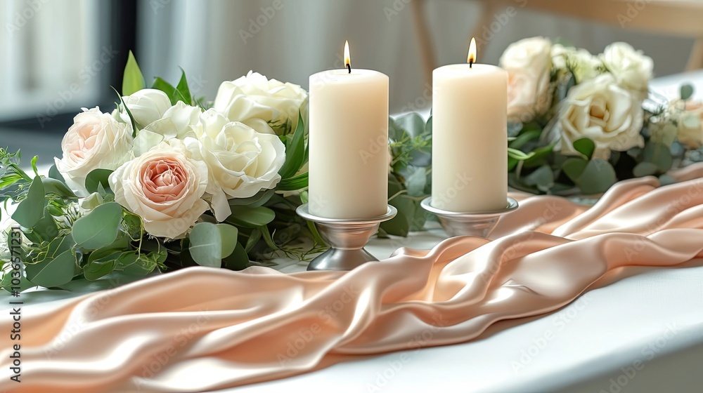 Two Burning Candles Decorated with White Roses and Green Greenery on a Peach Satin Fabric Two Burning Candles Decorated with White Roses and Green Greenery on a Peach Satin Fabric
