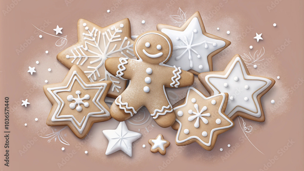 Image 2 Title: Gingerbread man and star cookies with white icing on brown