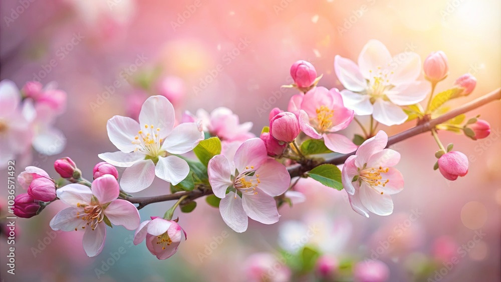 Delicate pink blossoms on a branch, bathed in soft, ethereal light, with a gentle bokeh background. Delicate pink blossoms on a branch, bathed in soft, ethereal light, with a gentle bokeh background.
