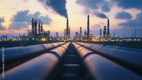 Double exposure of oil refinery and pipelines with a technology concept. Industrial and innovation theme. photo