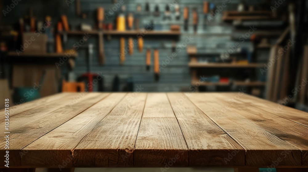 Empty wooden table with blurred background featuring carpenter's tools on the wall, carpenter, tools, wood, table Empty wooden table with blurred background featuring carpenter's tools on the wall, carpenter, tools, wood, table