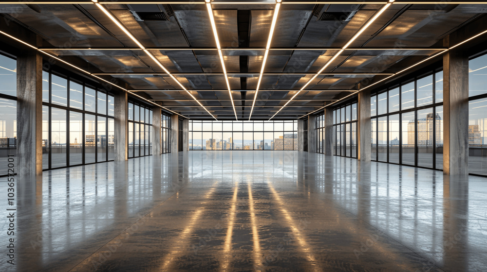 Spacious industrial interior with grid ceiling lights and large windows overlooking the city Spacious industrial interior with grid ceiling lights and large windows overlooking the city
