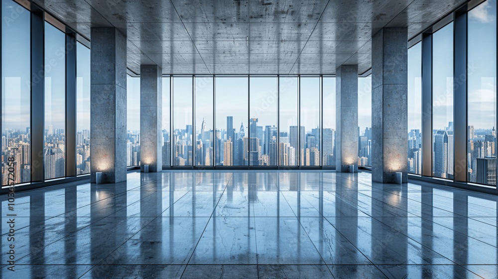 Fototapeta premium Modern empty office space with panoramic city views and polished floors