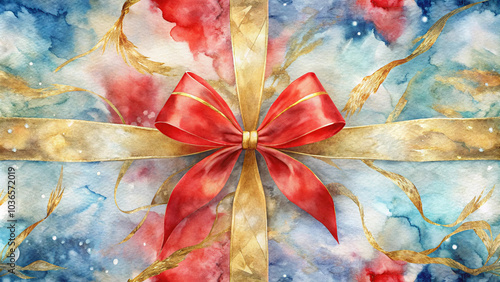 Red and gold ribbon bow on watercolor gift background