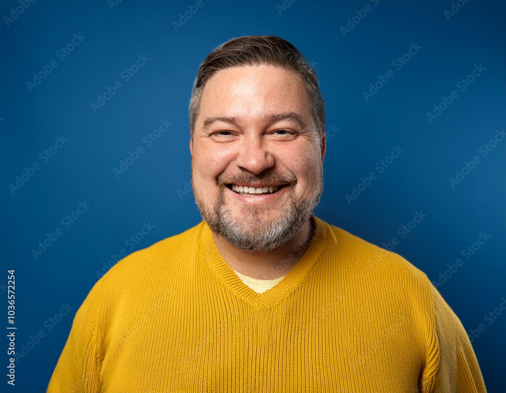 Fototapeta premium Portrait of Mature Handsome Man Happily Smiling Against Blue Studio Background