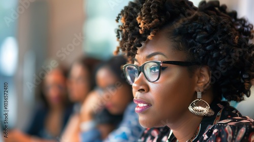 A female leader strategizing with her team in a boardroom. photo