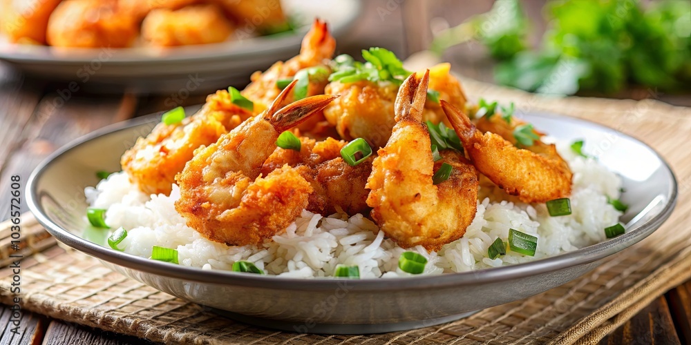 A plate of crispy, golden-brown shrimp, served on a bed of fluffy white rice, garnished with fresh green onions and cilantro, offering a delicious and satisfying meal. A plate of crispy, golden-brown shrimp, served on a bed of fluffy white rice, garnished with fresh green onions and cilantro, offering a delicious and satisfying meal.