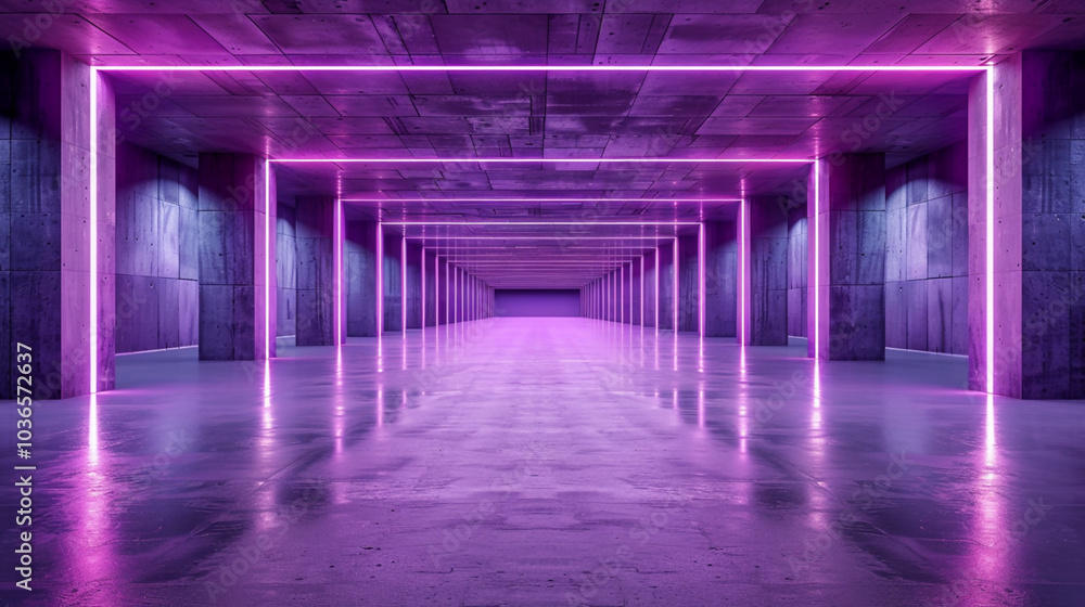 Futuristic neon tunnel with glowing purple and pink lights reflecting on metallic walls Futuristic neon tunnel with glowing purple and pink lights reflecting on metallic walls