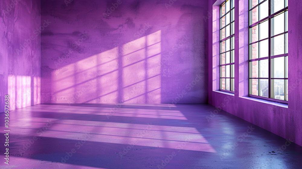 Sunlight casting shadows through industrial windows in a purple room Sunlight casting shadows through industrial windows in a purple room