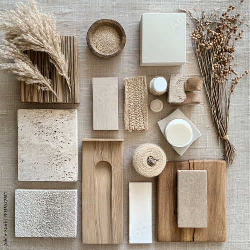 a flat lay image of materials and inspiration for a modern farmhouse themed home. it features a lot of neutral colour tones and natural materials photo