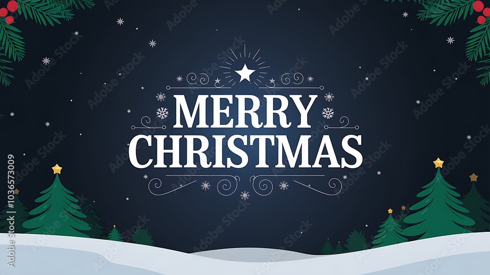 Naklejka premium A Festive Christmas Greeting with Snowy Landscape and Evergreen Trees