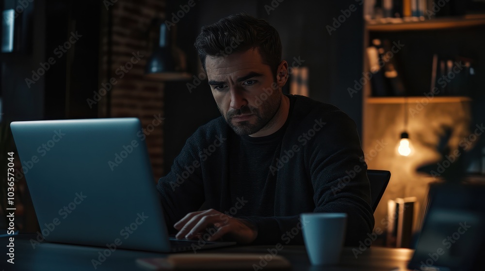 Handsome focused man working using laptop sitting at office desk table in coworking workspace. Businessman freelancer, executive manager or employee making report, searching . Vertical, Generative AI Handsome focused man working using laptop sitting at office desk table in coworking workspace. Businessman freelancer, executive manager or employee making report, searching . Vertical, Generative AI