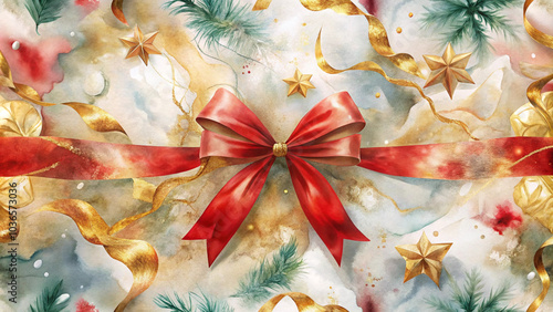 Image 3 Title: Red ribbon bow on watercolor Christmas background