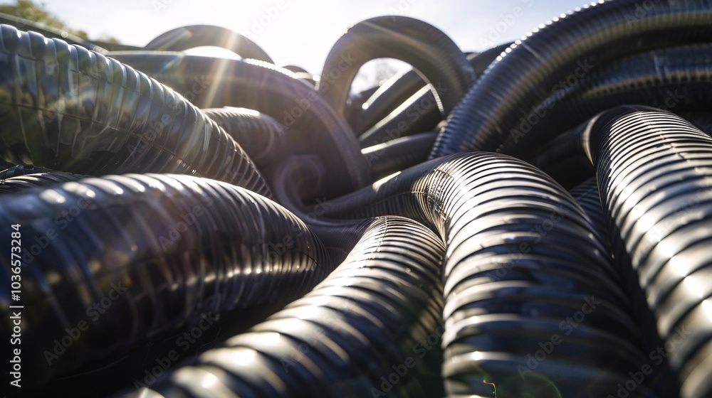 The thick dark tube is coiled together under the warm sunlight. The thick dark tube is coiled together under the warm sunlight.