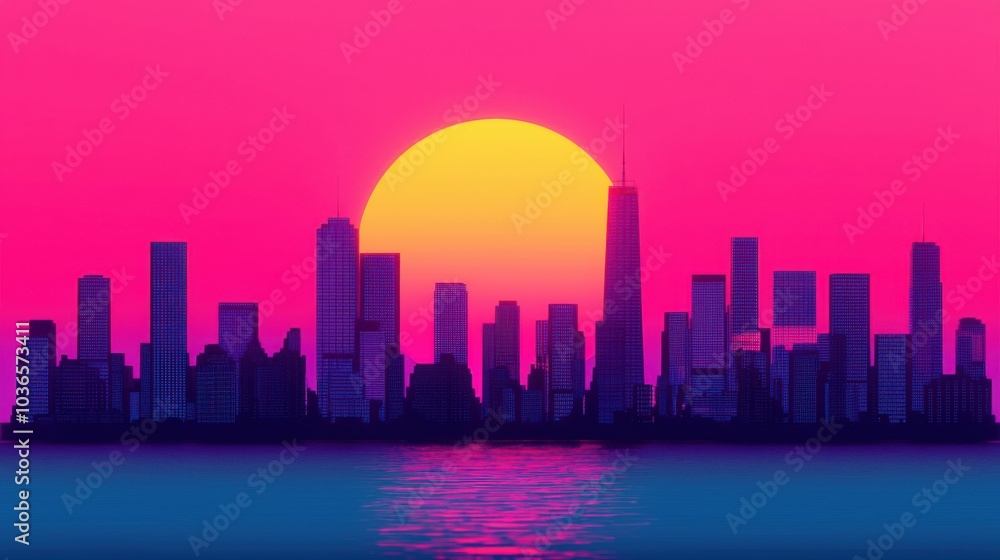 Sunset skyline of a city with tall buildings silhouetted against the colorful evening sky Sunset skyline of a city with tall buildings silhouetted against the colorful evening sky