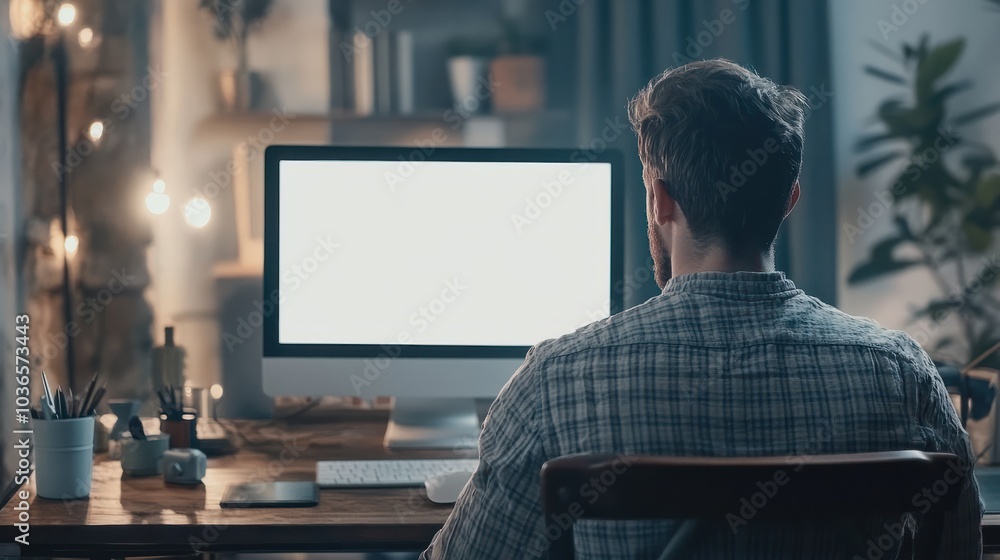In this mockup, a man is working on a computer with a blank screen on an office table In this mockup, a man is working on a computer with a blank screen on an office table