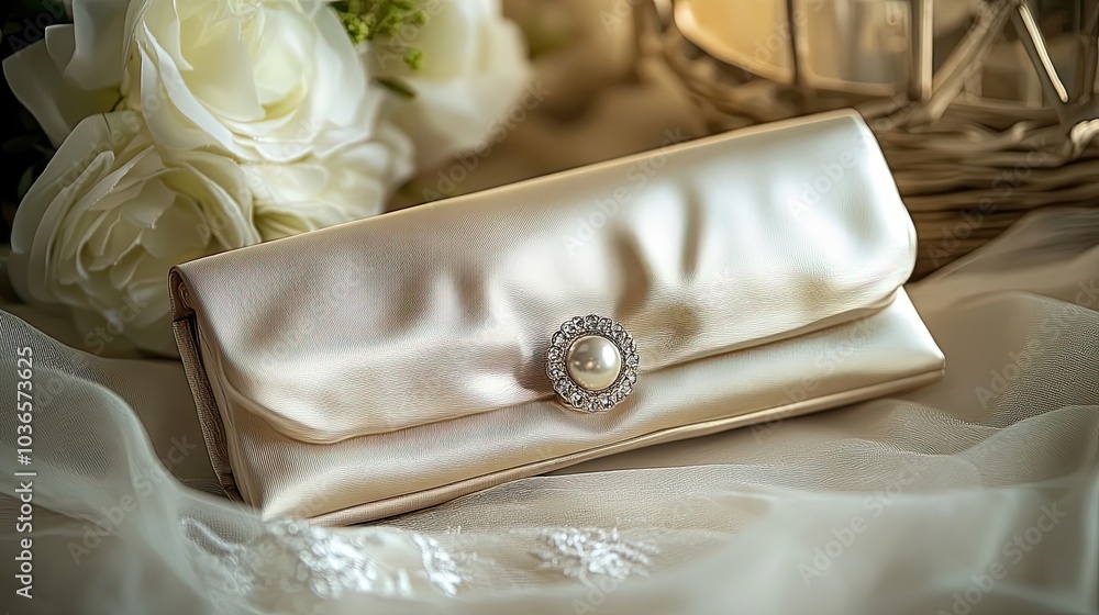 A Close-Up of a Pearl-Embellished Clutch Bag on a White Fabric A Close-Up of a Pearl-Embellished Clutch Bag on a White Fabric