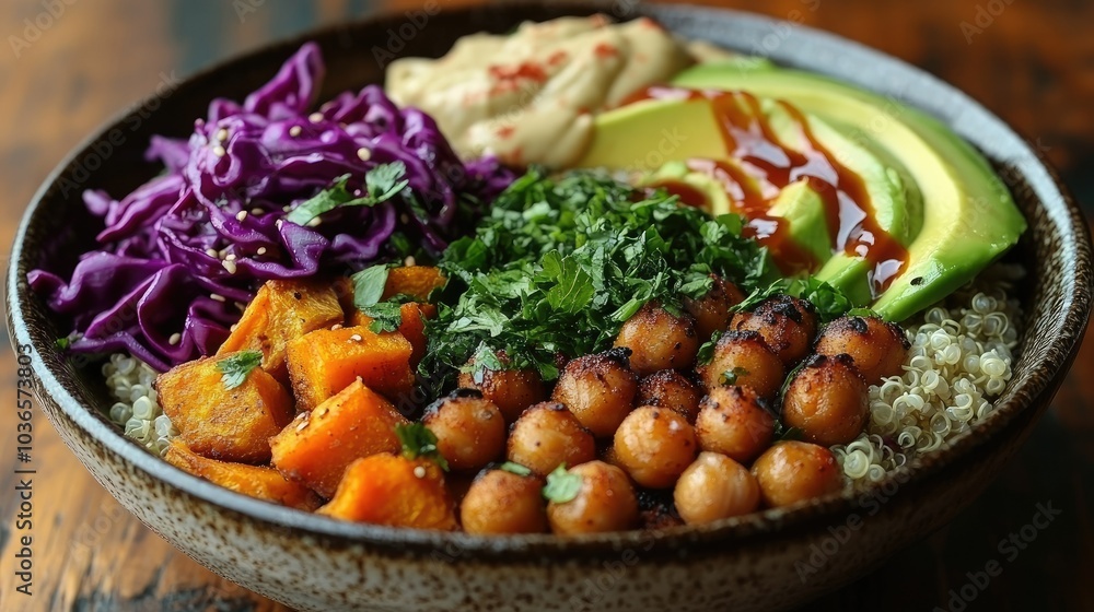 Rainbow Buddha bowl with quinoa, roasted chickpeas, sweet potatoes, purple cabbage, and avocado slices, topped with a tahini dressing drizzle Rainbow Buddha bowl with quinoa, roasted chickpeas, sweet potatoes, purple cabbage, and avocado slices, topped with a tahini dressing drizzle