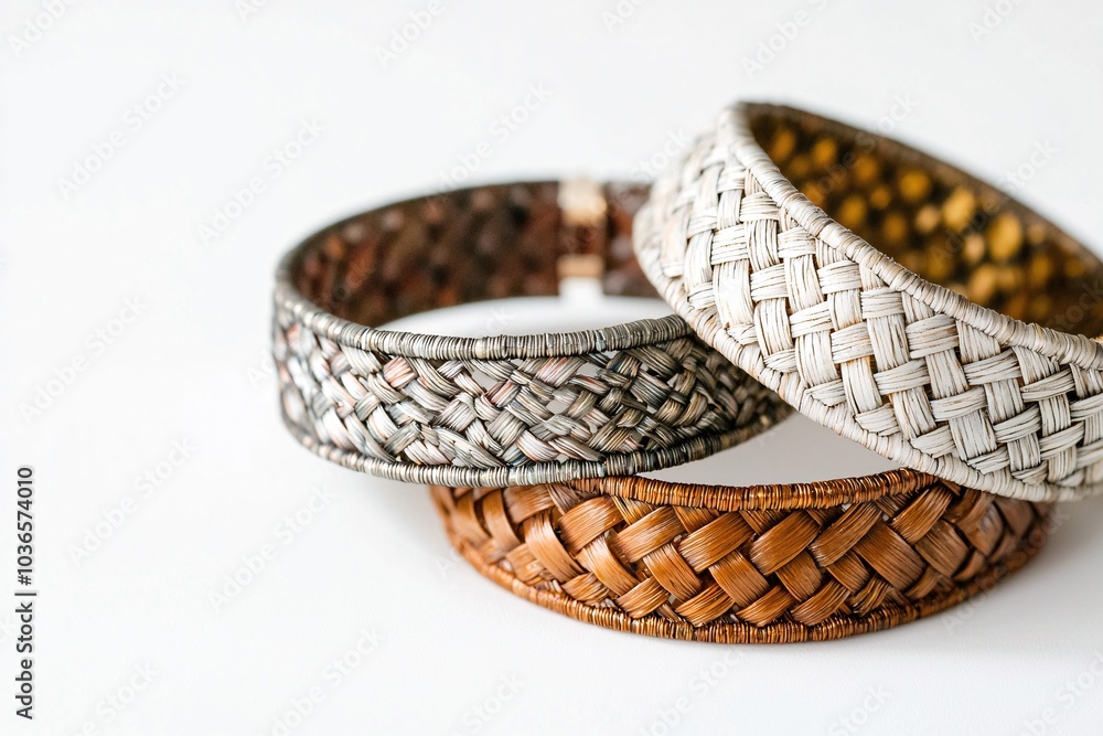 Fototapeta premium An intricately patterned woven bracelet rests on a pristine backdrop, emphasizing its exquisite craftsmanship and stylish design.
