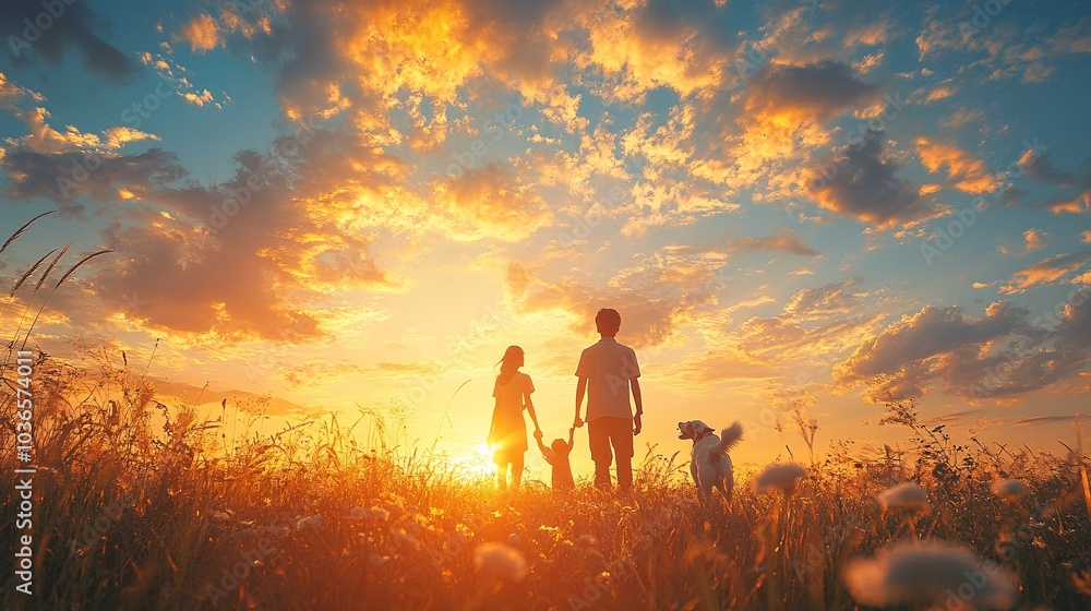 Fototapeta premium Family Enjoying Sunset with Their Dog in Field