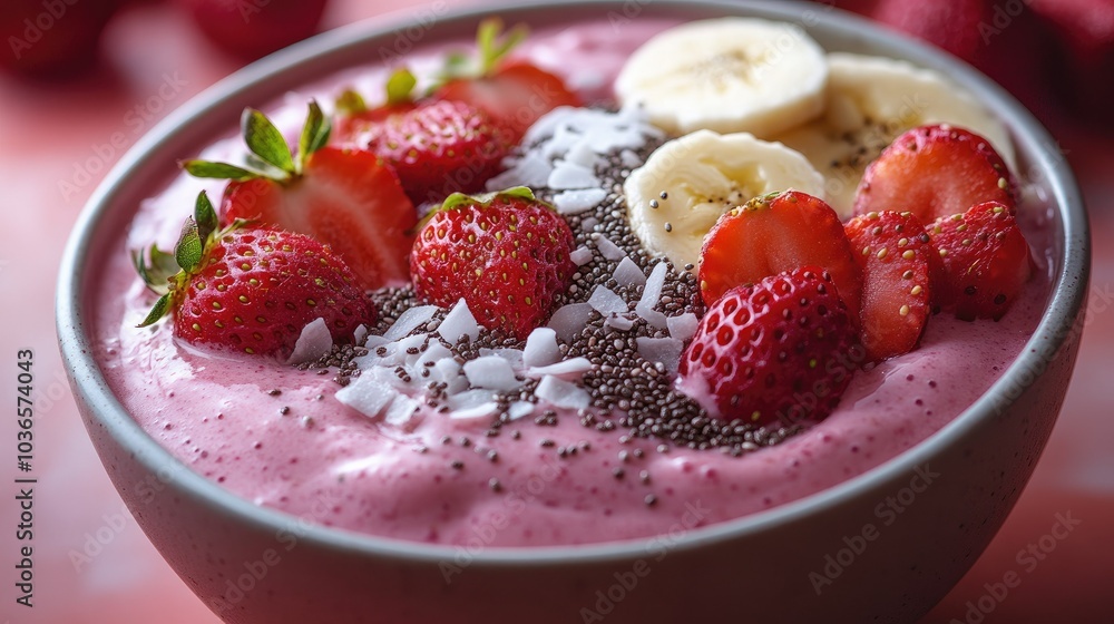 Refreshing summer smoothie bowl topped with sliced bananas, strawberries, chia seeds, and shredded coconut, set against a bright background Refreshing summer smoothie bowl topped with sliced bananas, strawberries, chia seeds, and shredded coconut, set against a bright background