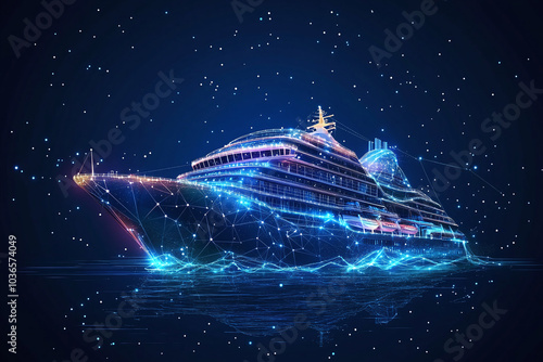 Futuristic blue cruise liner in ocean with neon lights and dots. Concept of luxury boat vacation. Modern big ship for travel brochure, sailing design or digital template for voyage website.	