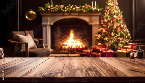 Holiday table with Christmas tree and fireplace