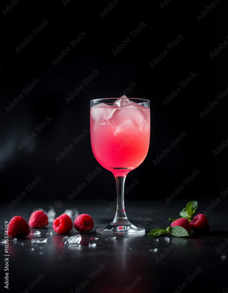 pink cocktail with raspberries on a black background, illuminated by hard spotlight light pink cocktail with raspberries on a black background, illuminated by hard spotlight light