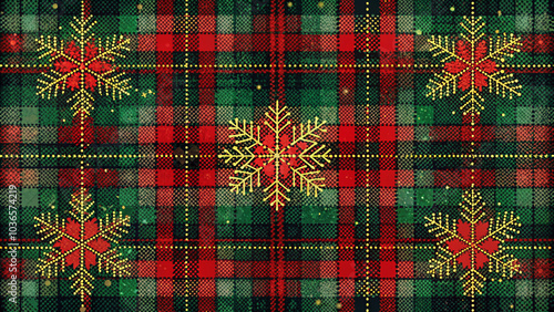 Image 2 Title: Red and green tartan plaid pattern with gold snowflakes