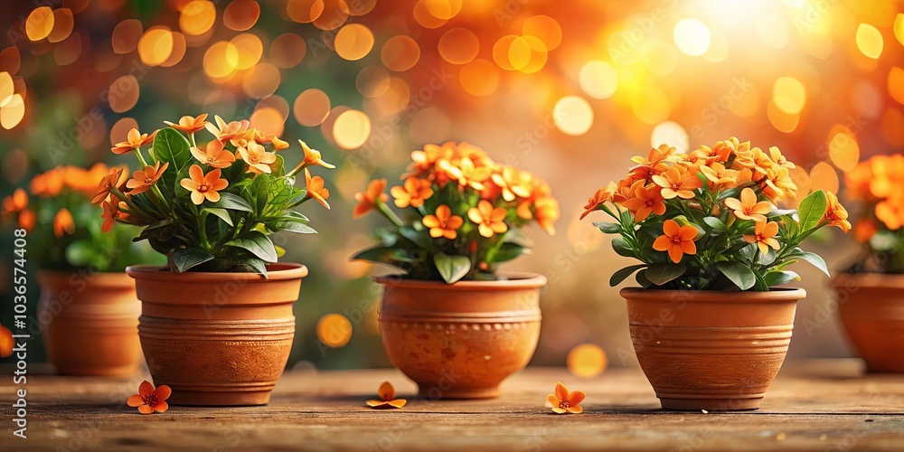A Collection of Vibrant Orange Blossoms in Rustic Clay Pots, Bathed in Warm Golden Light A Collection of Vibrant Orange Blossoms in Rustic Clay Pots, Bathed in Warm Golden Light