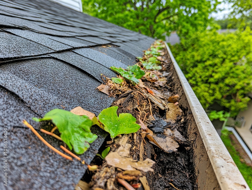 Fototapeta premium Gutter filled with leaves and plants on side of house