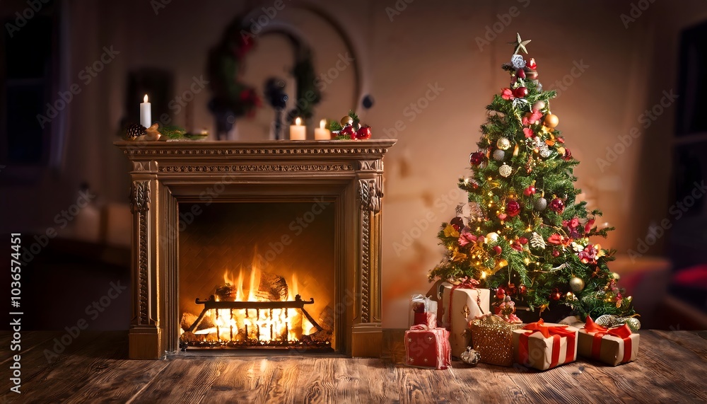 Holiday table with Christmas tree and fireplace Holiday table with Christmas tree and fireplace