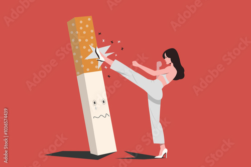2025 quit smoking concept card. woman - man exercise , kickboxing cigarette. motivation health care poster. cartoon character. 