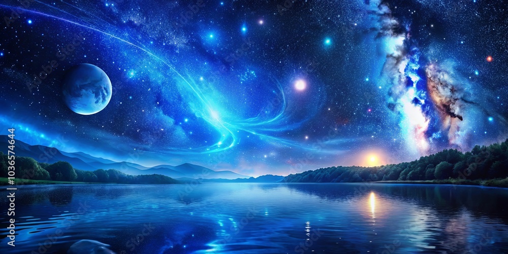 Serene Nightfall Over a Tranquil Lake, Reflecting the Infinite Stars and a Glowing Cosmic Stream Serene Nightfall Over a Tranquil Lake, Reflecting the Infinite Stars and a Glowing Cosmic Stream