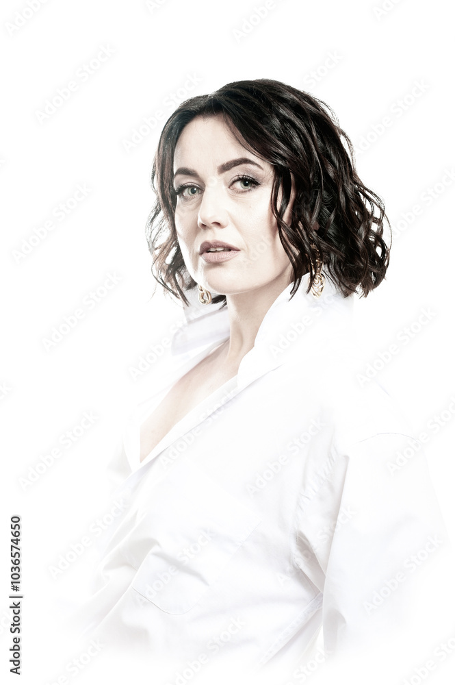 Portrait of a woman with dark hair, dressed in a white shirt, done in a high key.