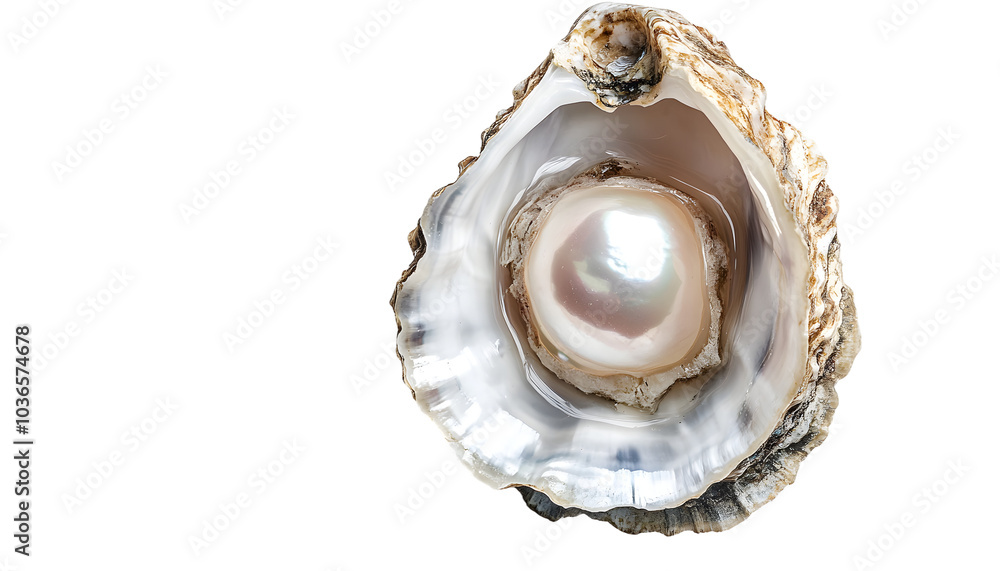 Pearl, One Natural pearl inside the oyster shell, close up, isolated on white background. Top view. Nacre. Mother-of-pearl. Wealth concept Pearl, One Natural pearl inside the oyster shell, close up, isolated on white background. Top view. Nacre. Mother-of-pearl. Wealth concept
