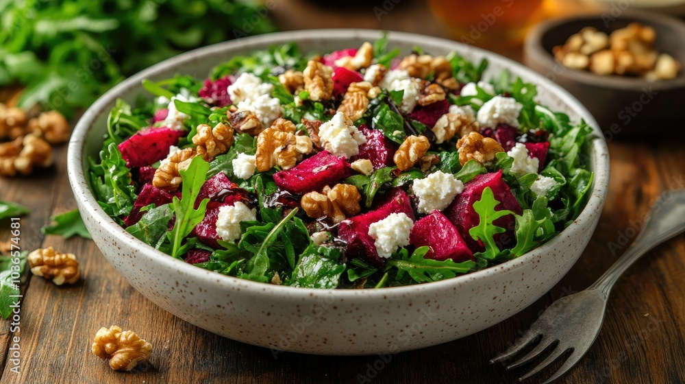 Roasted beet salad with arugula, walnuts, crumbled feta cheese, and a balsamic glaze, served in a white ceramic bowl with a fork on the side Roasted beet salad with arugula, walnuts, crumbled feta cheese, and a balsamic glaze, served in a white ceramic bowl with a fork on the side