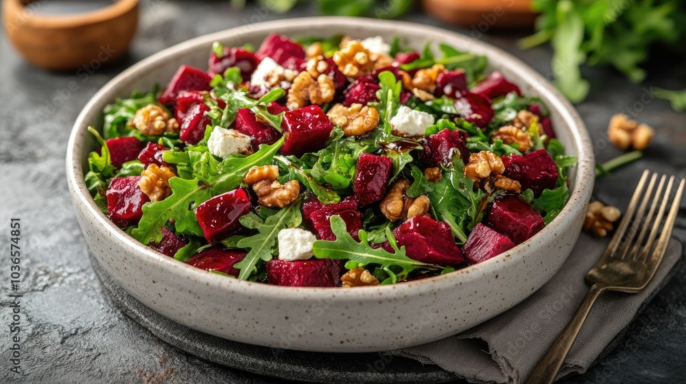 Roasted beet salad with arugula, walnuts, crumbled feta cheese, and a balsamic glaze, served in a white ceramic bowl with a fork on the side Roasted beet salad with arugula, walnuts, crumbled feta cheese, and a balsamic glaze, served in a white ceramic bowl with a fork on the side