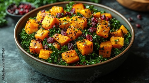 Roasted butternut squash and kale salad with dried cranberries and a maple vinaigrette, served in a deep bowl for a fall-inspired meal