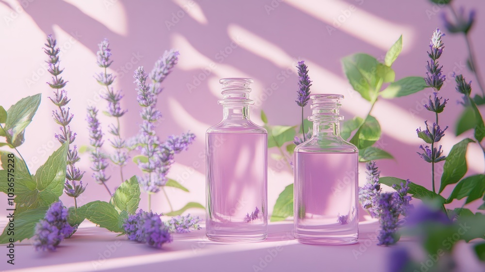 Peppermint oil bottles and lavender, vertical composition Peppermint oil bottles and lavender, vertical composition