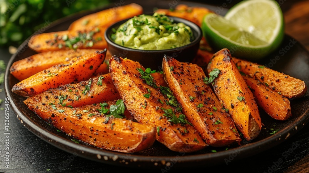 Roasted sweet potato wedges seasoned with paprika and garlic, served with a side of avocado dipping sauce and lime wedges Roasted sweet potato wedges seasoned with paprika and garlic, served with a side of avocado dipping sauce and lime wedges