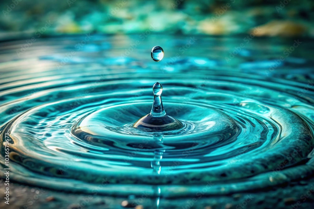 Droplets of cyan liquid falling from a cracked, stone surface into a shallow pool, outdoor scene, small pool, puddle Droplets of cyan liquid falling from a cracked, stone surface into a shallow pool, outdoor scene, small pool, puddle