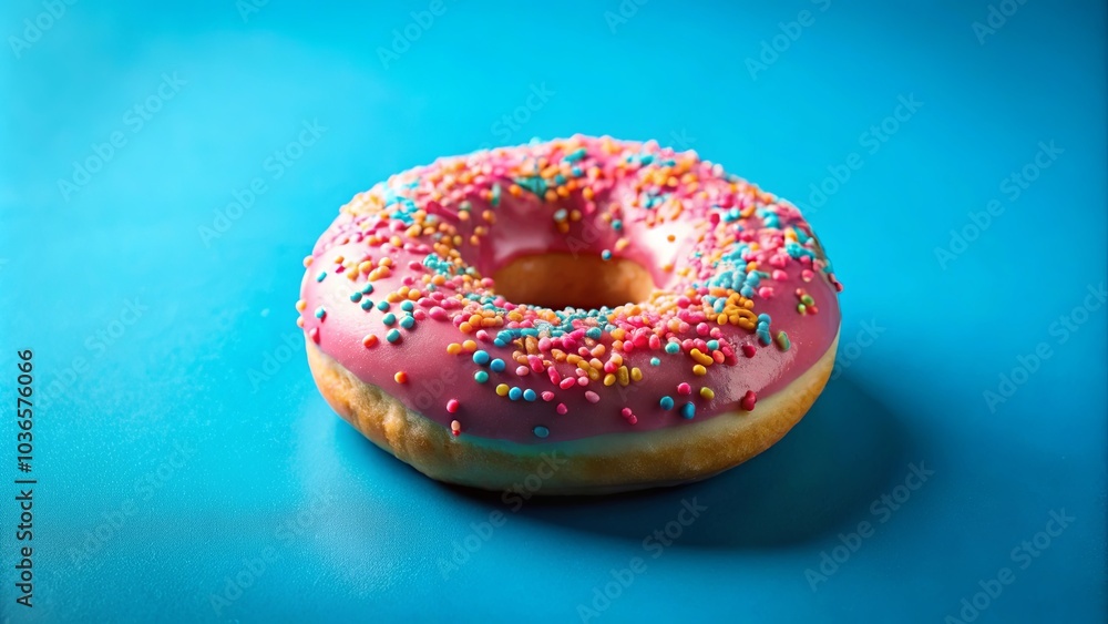 A Single Pink Glazed Donut with Colorful Sprinkles on a Vibrant Blue Background A Single Pink Glazed Donut with Colorful Sprinkles on a Vibrant Blue Background