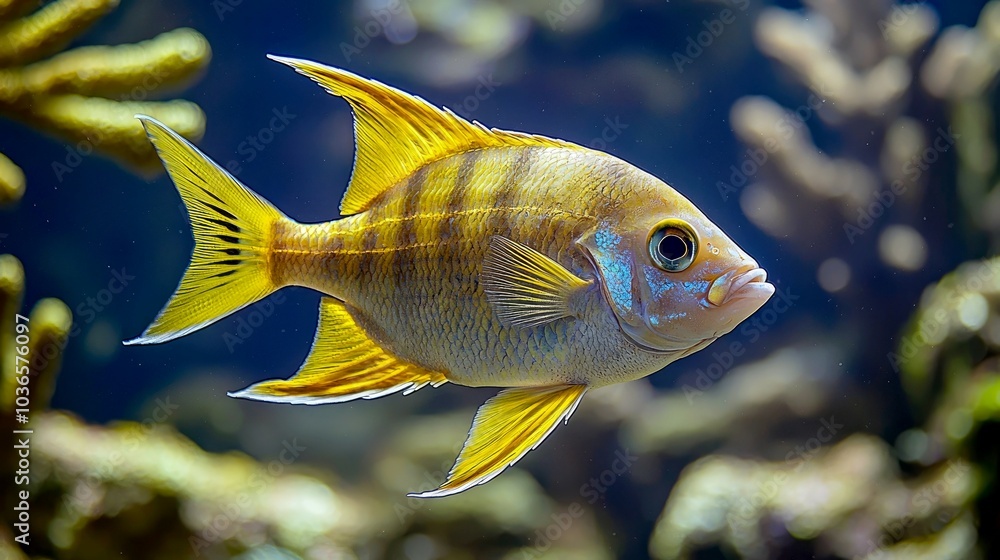 A yellow and blue striped fish swims in a clear blue aquarium. A yellow and blue striped fish swims in a clear blue aquarium.