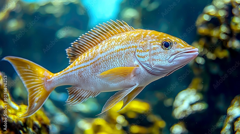 A yellow and white fish swims in clear water, its scales sparkling. A yellow and white fish swims in clear water, its scales sparkling.