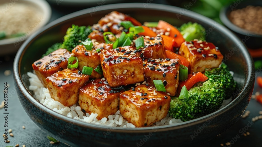 Spicy tofu stir-fry with broccoli, bell peppers, and carrots, served over a bed of jasmine rice with a sprinkle of sesame seeds and chopped scallions Spicy tofu stir-fry with broccoli, bell peppers, and carrots, served over a bed of jasmine rice with a sprinkle of sesame seeds and chopped scallions