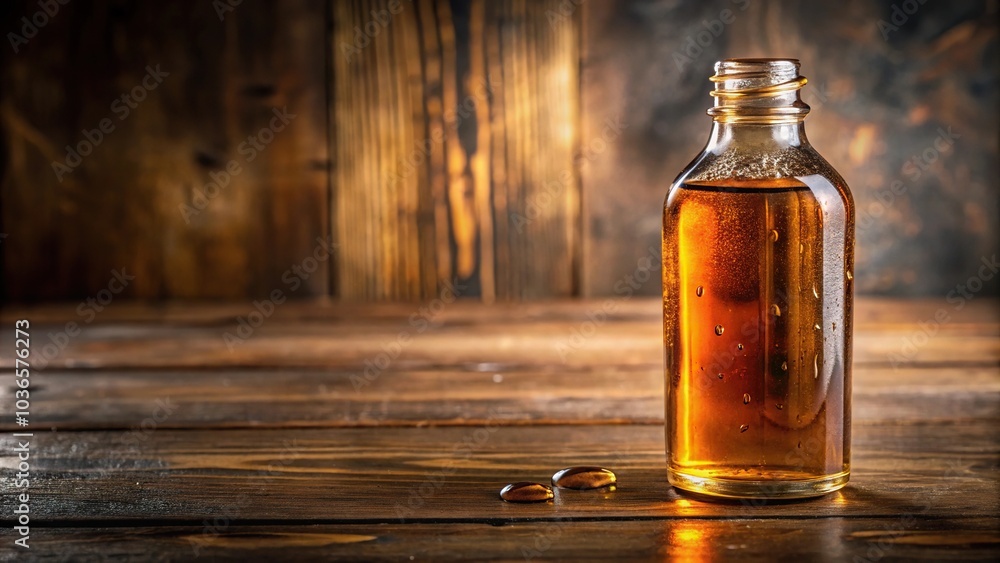 Filled glass bottle with dripping amber liquid on wooden table background, dripping liquid, warm glow, natural light Filled glass bottle with dripping amber liquid on wooden table background, dripping liquid, warm glow, natural light